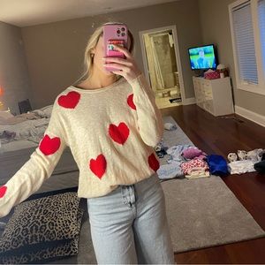 Cream cotton lightweight sweater with red hearts  Boutique brand
